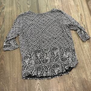 Lucky Brand Womens Blouse Floral Paisley 3/4 Sleeves Black White Plus Size 2X